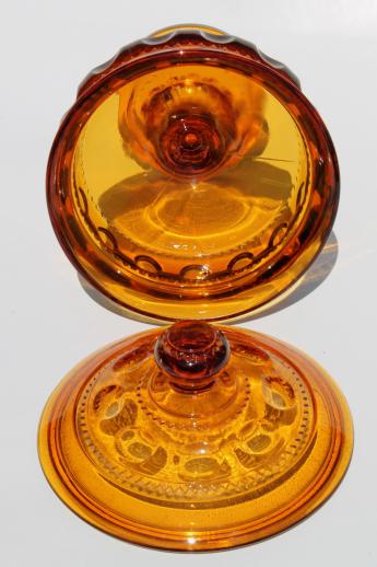 vintage amber glass covered box / candy dish, Kings Crown pattern Indiana glass
