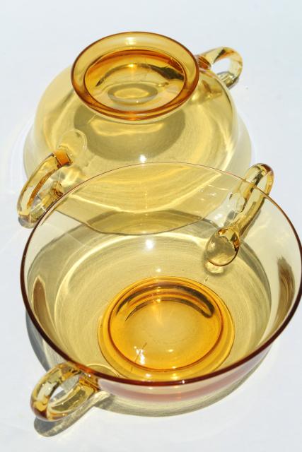 vintage amber glass dishes, double handled bowls for cream soup or boullion cups