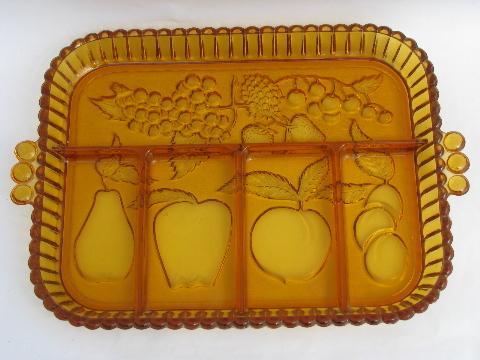 vintage amber glass divided tray, Indiana fruit pattern serving plate