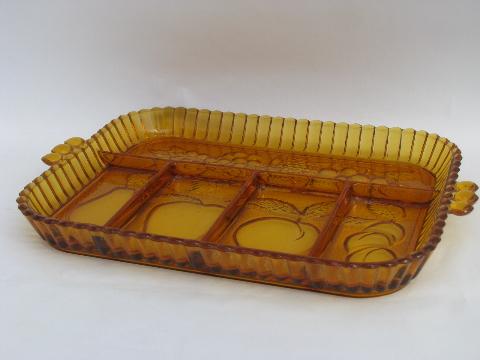 vintage amber glass divided tray, Indiana fruit pattern serving plate