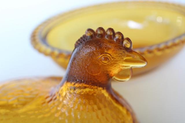 vintage amber glass hen on nest covered dish or trinket box, 1980s Indiana glass