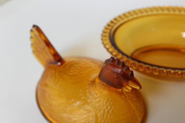 vintage amber glass hen on nest covered dish or trinket box, 1980s Indiana glass