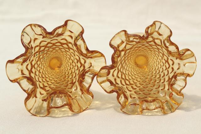 vintage amber glass hobnail Fenton mini vases, crimped ruffle footed vase pair