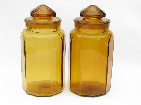 vintage amber glass kitchen canisters, heavy canister jars w/ ground stoppers