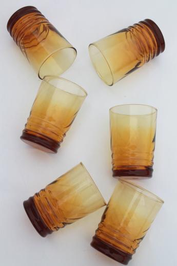 vintage amber glass low balls old-fashioned glasses, set of Libbey optic swirl tumblers