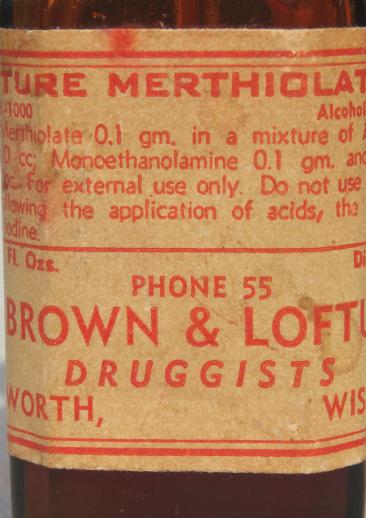 vintage amber glass medicine bottle, tincture of merthiolate pre mercurochrome label