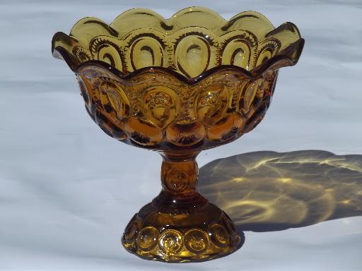 vintage amber glass moon and stars pattern compote, tall crimped candy dish