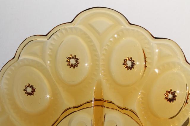 vintage amber glass moon & stars pattern egg plate, deviled eggs serving tray