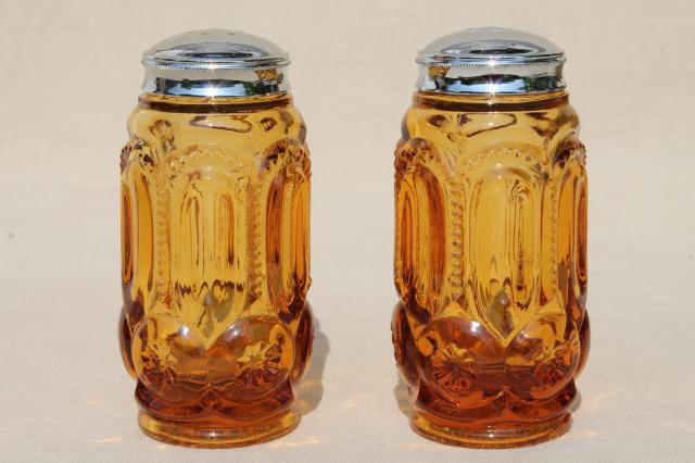 vintage amber glass salt & pepper shakers, moon & stars pressed glass S&P set