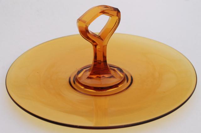 vintage amber glass serving plate, sandwich or cake tray w/ center handle