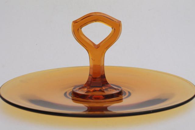 vintage amber glass serving plate, sandwich or cake tray w/ center handle