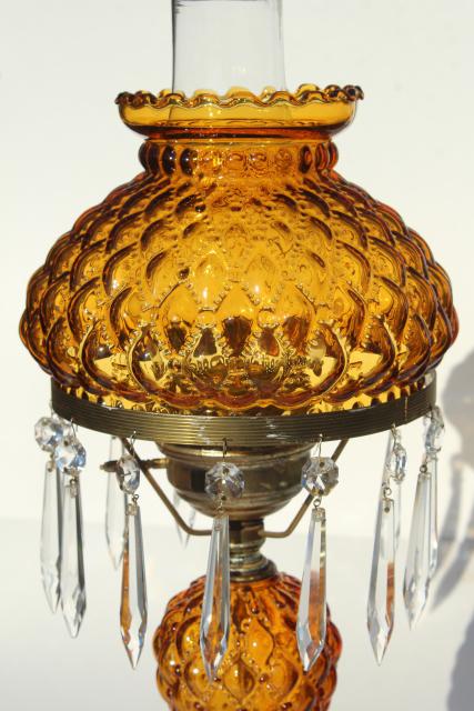 vintage amber glass table lamp w/ crystal prisms, quilted pressed glass shade