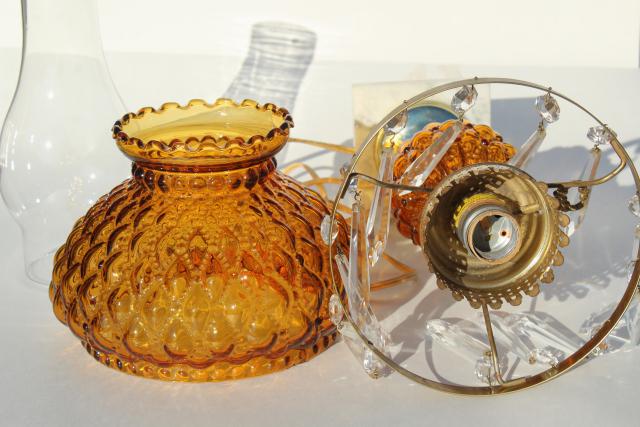 vintage amber glass table lamp w/ crystal prisms, quilted pressed glass shade