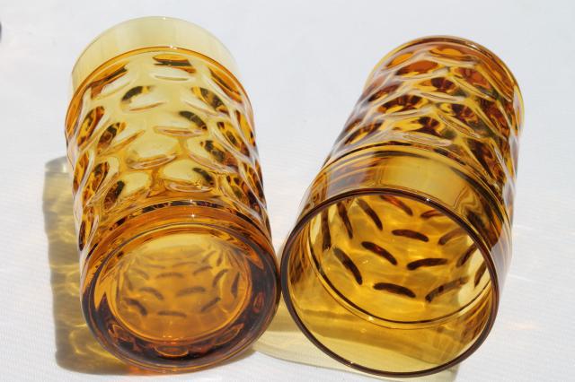 vintage amber glass tumblers, never used set of 6 thumbprint pattern glasses