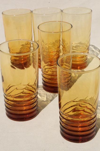 vintage amber glass tumblers, stacked ring base w/ spiral optic pattern, Libbey drinking glasses