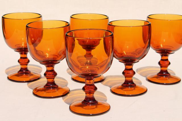 vintage amber glass wine glasses / water goblets, 60s 70s retro Hoffman House stemware