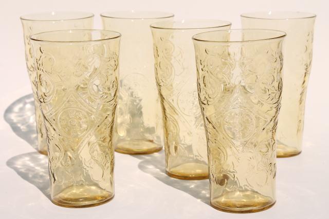 vintage amber yellow depression glass Madrid pattern lemonade set, pitcher & drinking glasses