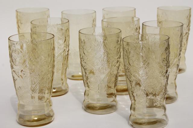 vintage amber yellow depression glass iced tea glasses, 10 Madrid pattern tumblers