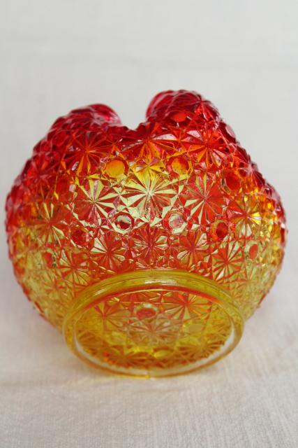 vintage amberina daisy & button glass ivy ball or rose bowl vase, crimped shape