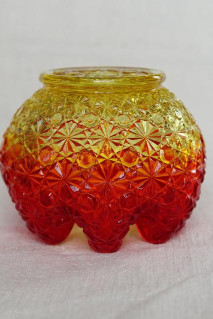 vintage amberina daisy & button glass ivy ball or rose bowl vase, crimped shape