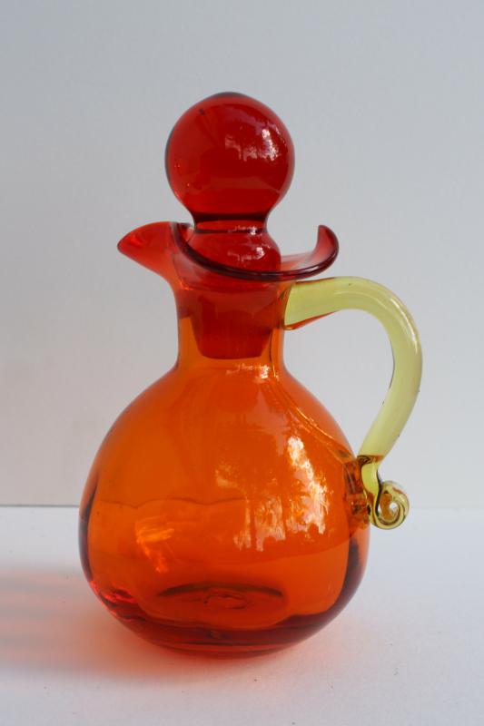 vintage amberina orange cruet bottle & stopper, hand blown glass pitcher