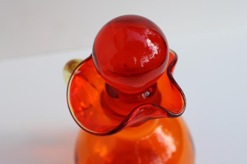 vintage amberina orange cruet bottle & stopper, hand blown glass pitcher