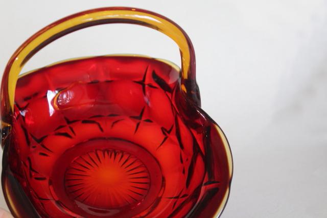 vintage amberina red amber glass basket, Constellation pattern Indiana glass