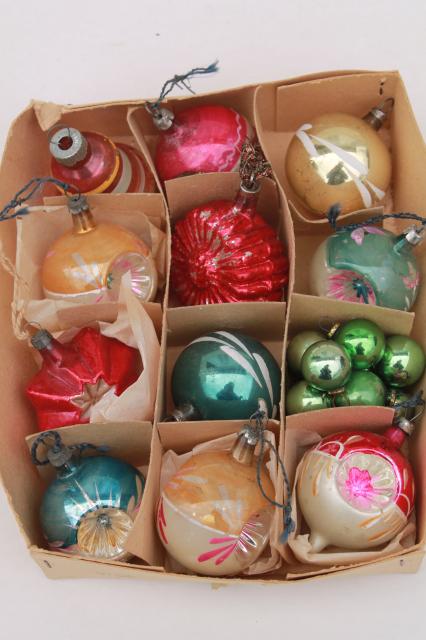 vintage antique glass Christmas tree ornaments, shabby worn fancy window balls, bell, flower