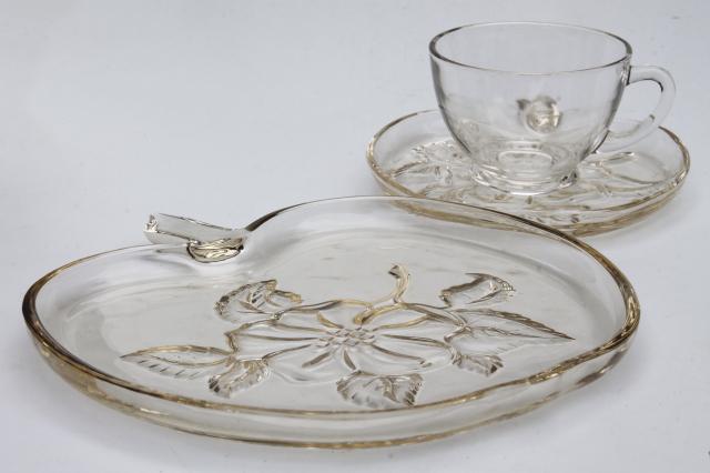vintage apple blossom glass luncheon / snack set dishes, apple shaped plates, tea cups & saucers