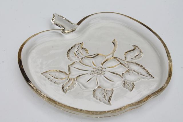 vintage apple blossom glass luncheon / snack set dishes, apple shaped plates, tea cups & saucers