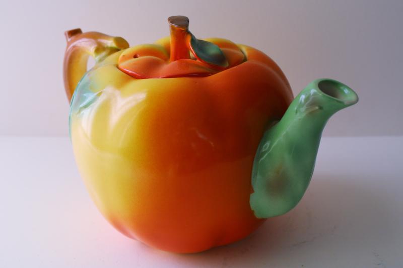 vintage apple shaped china teapot, majolica style ceramic made in Japan