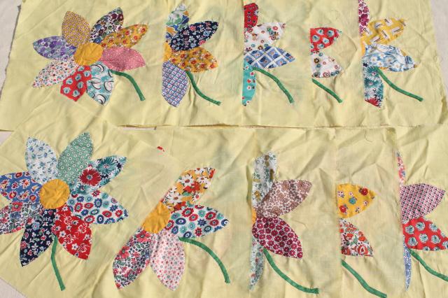 vintage applique quilt blocks, 40s 50s cotton print fabric flowers, big daisies on yellow