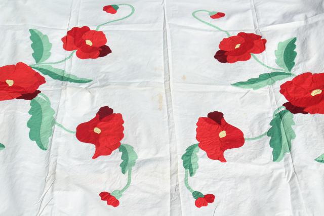 vintage applique quilt top pieces, red poppy flower cotton blocks to upcycle or complete