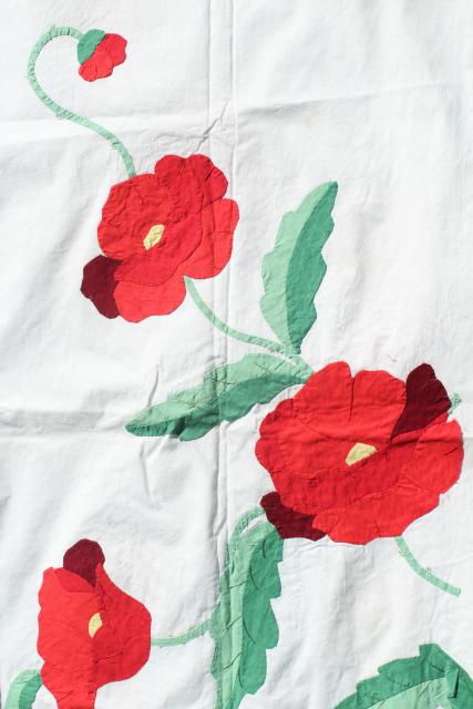 vintage applique quilt top pieces, red poppy flower cotton blocks to upcycle or complete