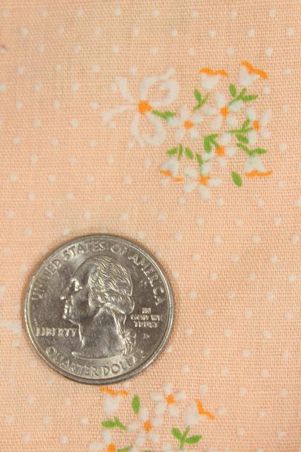 vintage apricot peach cotton fabric w/ flocked flowers, swiss dot pin dotted material