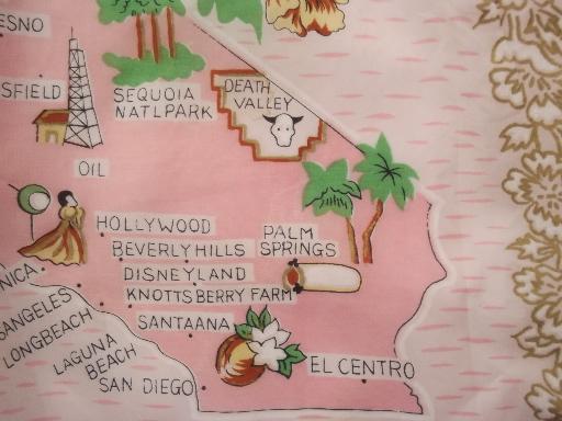 vintage apron w/ California map print hanky, retro 50s pretty pink apron 