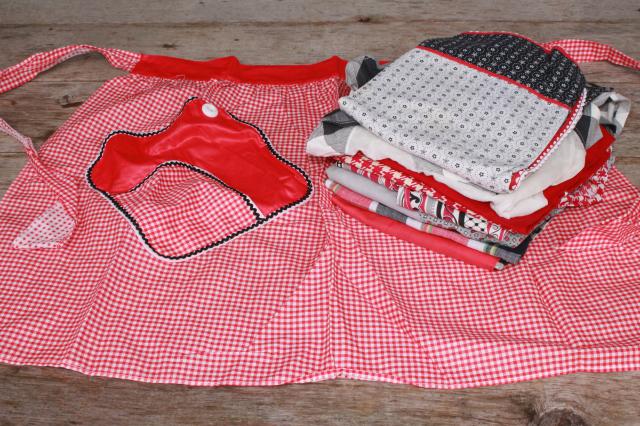 vintage apron lot, red & black kitchen aprons all retro fabric, pretty prints