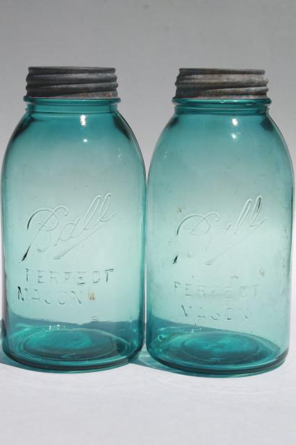 vintage aqua blue glass Ball Perfect Mason jars, big two quart size canning jar kitchen canisters