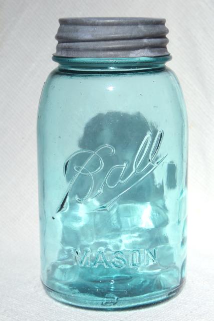 vintage aqua blue glass canning jars in old wire rack, Ball Mason jars w/ zinc lids