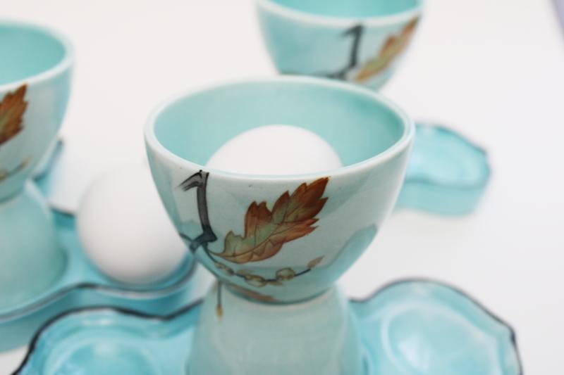 vintage aqua blue glazed ceramic egg cups w/ trays to hold eggs, set of four
