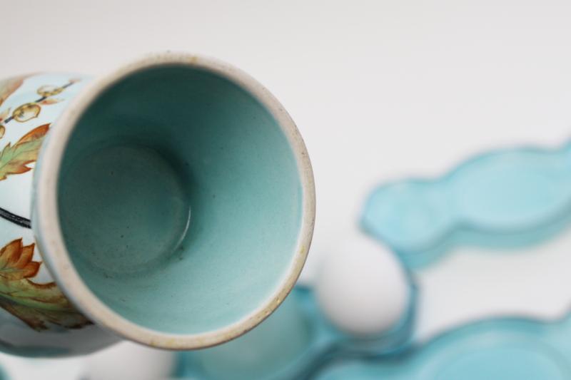vintage aqua blue glazed ceramic egg cups w/ trays to hold eggs, set of four
