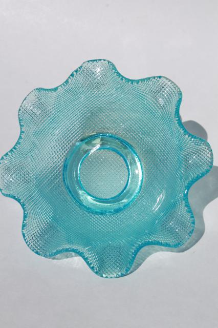 vintage aqua / blue waffle glass candy dishes, Italian glass crimped ruffle shape bowls