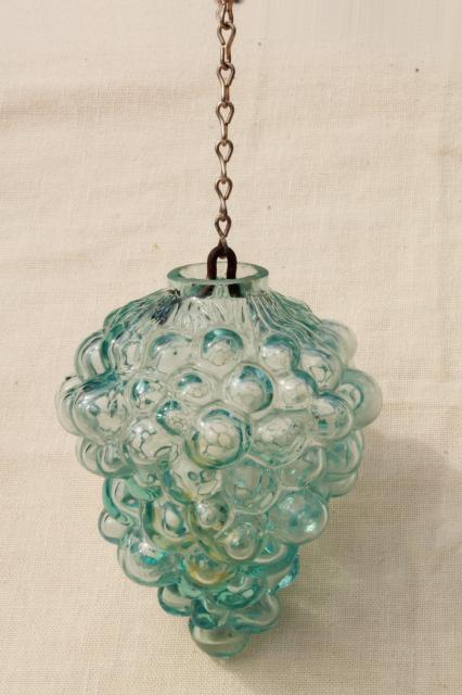 vintage aqua glass grapes, figural bottle hanging sun catcher ornament