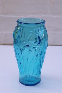 vintage aqua glass vase w/ embossed iris pattern, stylized irises art nouveau floral