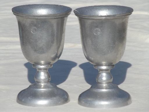 vintage armetale style pewter goblets or chalice set w/ hallmark or crest