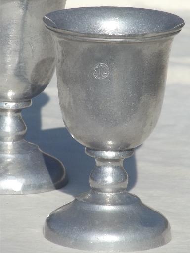 vintage armetale style pewter goblets or chalice set w/ hallmark or crest