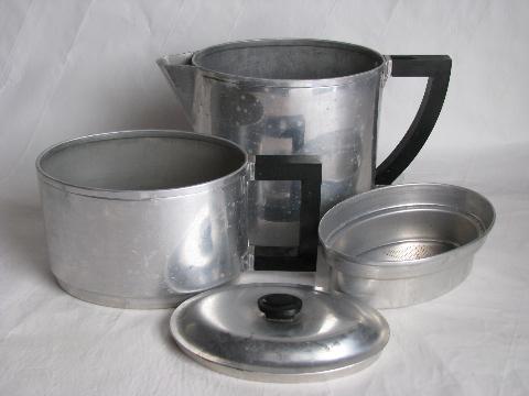 vintage art deco shape oval coffee pot drip-o-lator, Wear-Ever aluminum, patent date 1930