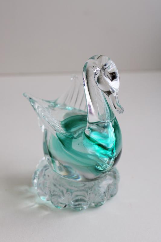 vintage art glass swan paperweight figurine, teal / crystal clear glass Murano?