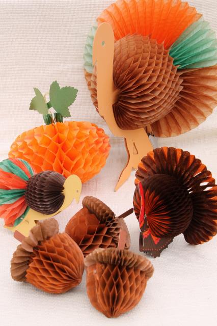 vintage autumn fall decorations, honeycomb tissue paper acorns, pumpkin, Thanksgiving turkeys