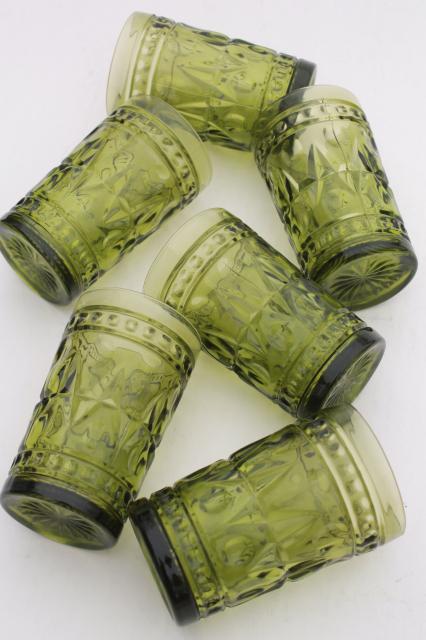 vintage avocado green glass tumblers, Colony Park Lane juice glasses set of 6